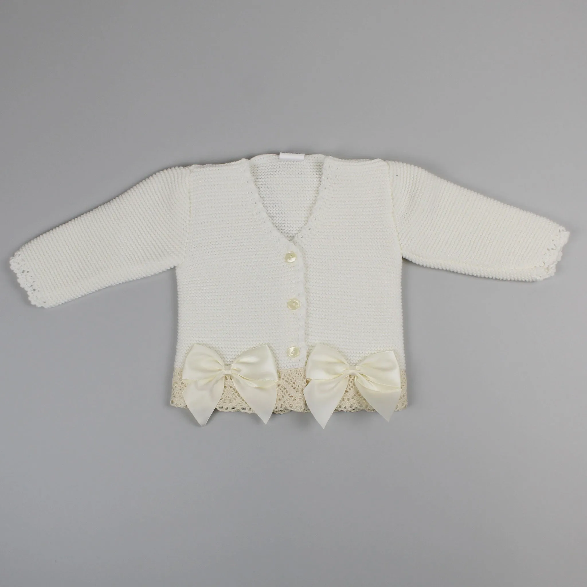 Baby Girls Knitted Cardigan with Lace Trim - Cream