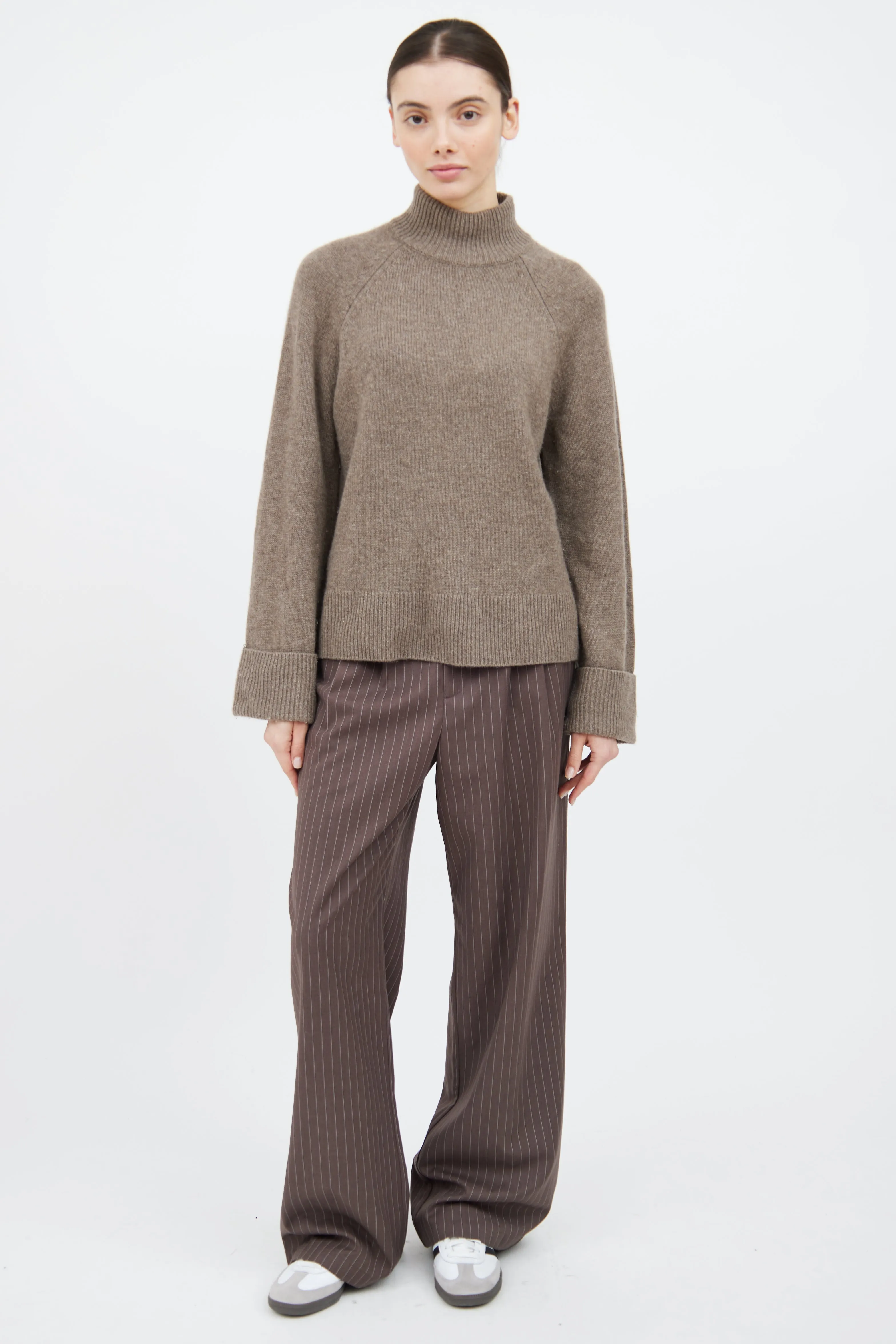 Brown Cashmere Knit Mock Neck Sweater