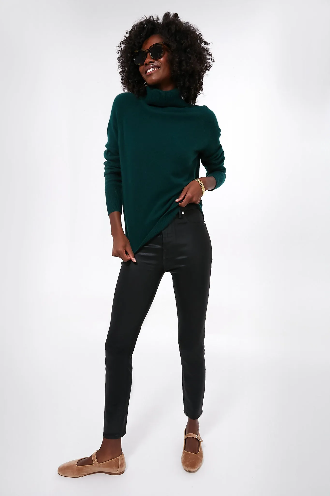 Cyprus Green Cashmere Ribbed Trim Turtleneck