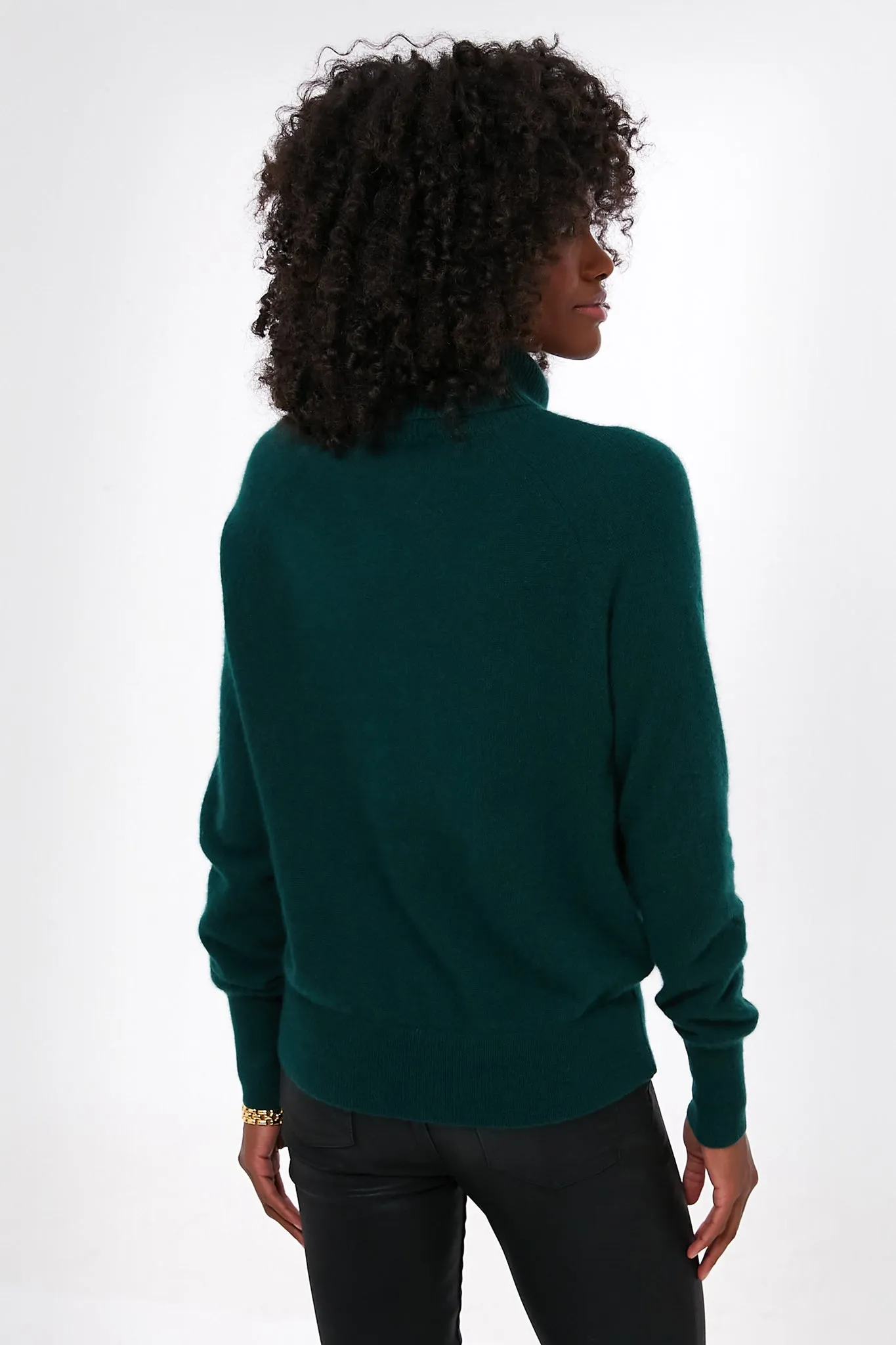 Cyprus Green Cashmere Ribbed Trim Turtleneck