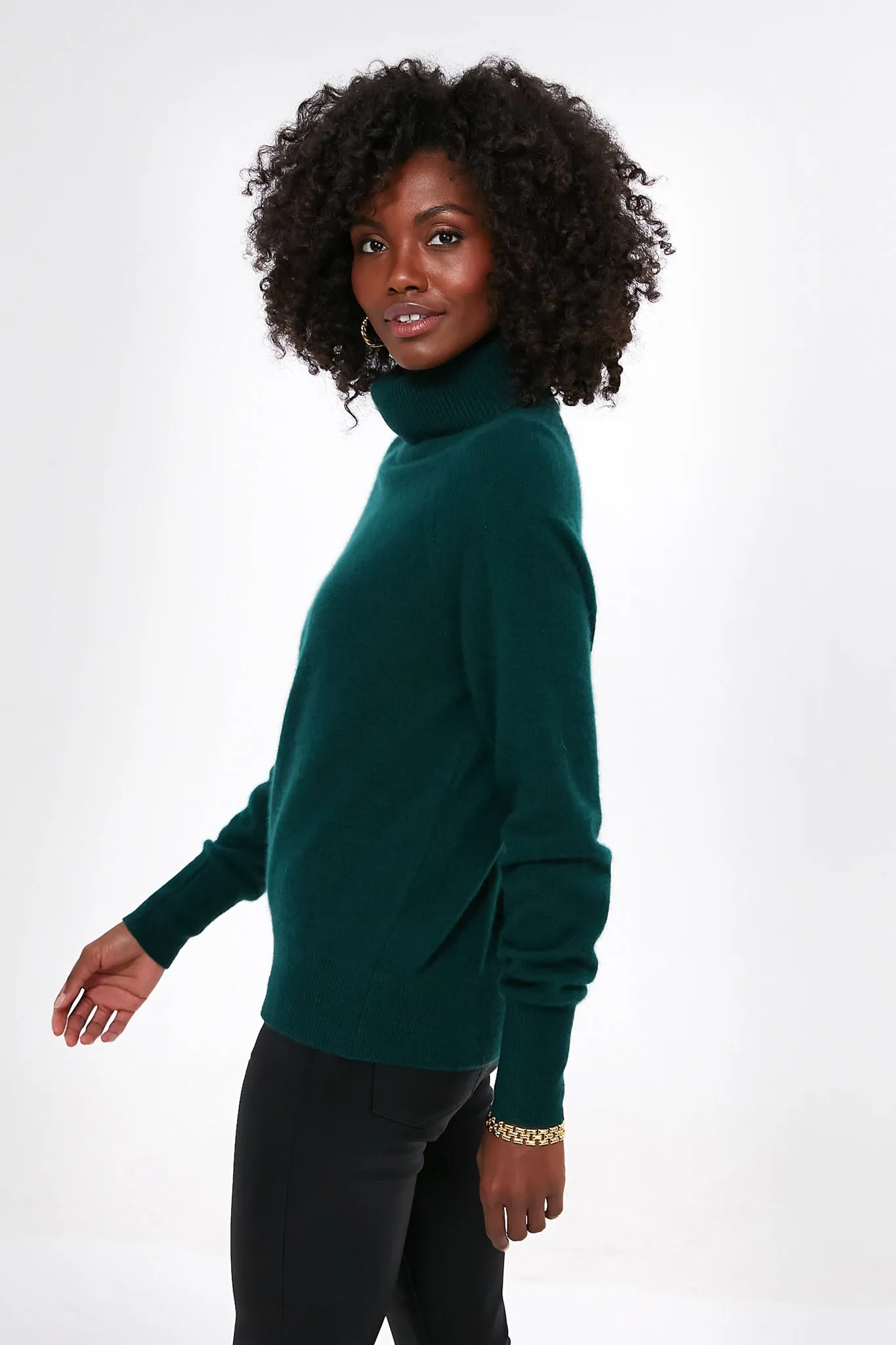 Cyprus Green Cashmere Ribbed Trim Turtleneck