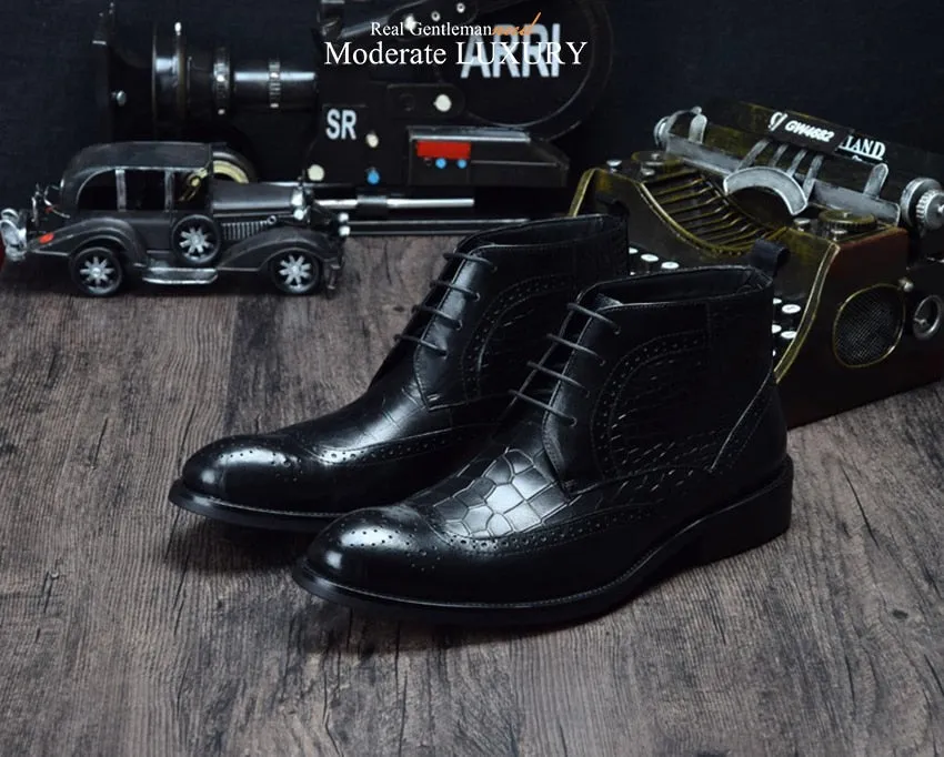 Fashionable Crocodile Side Pattern Men Derby Ankle Boots