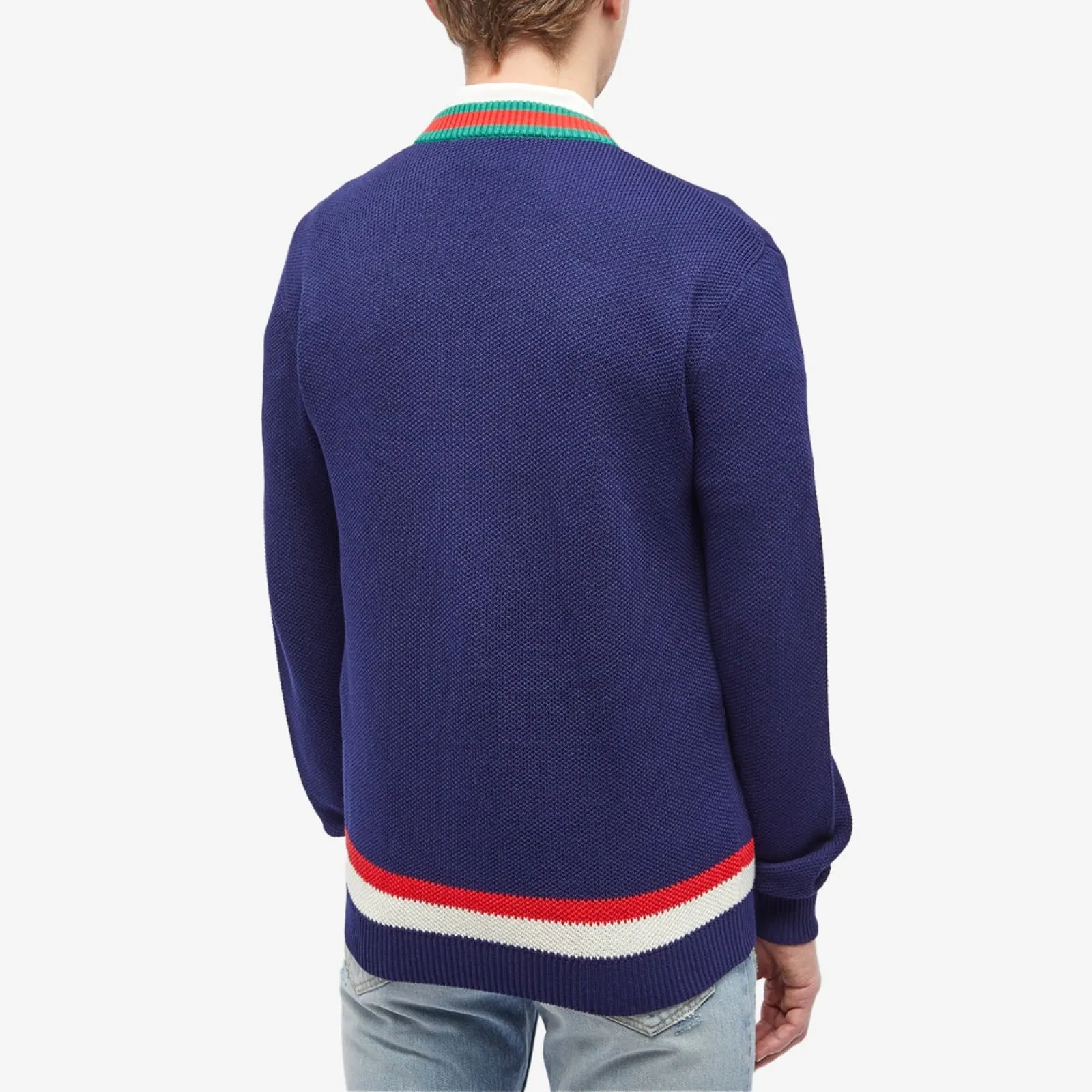 Gucci Gg Logo Stripe Placket Cardigan, navy blue