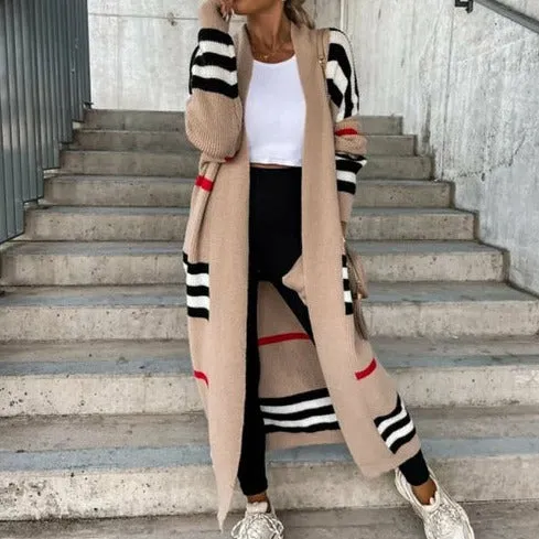 Knitted Cardigan Striped Patchwork Loose Long Outerwear