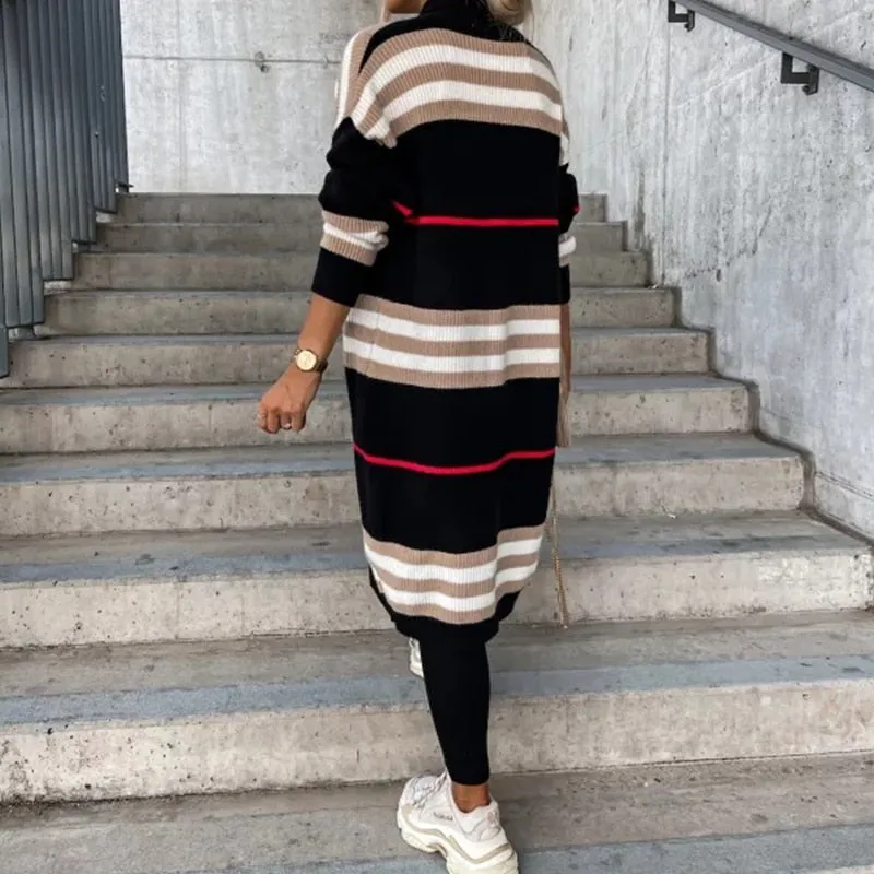 Knitted Cardigan Striped Patchwork Loose Long Outerwear