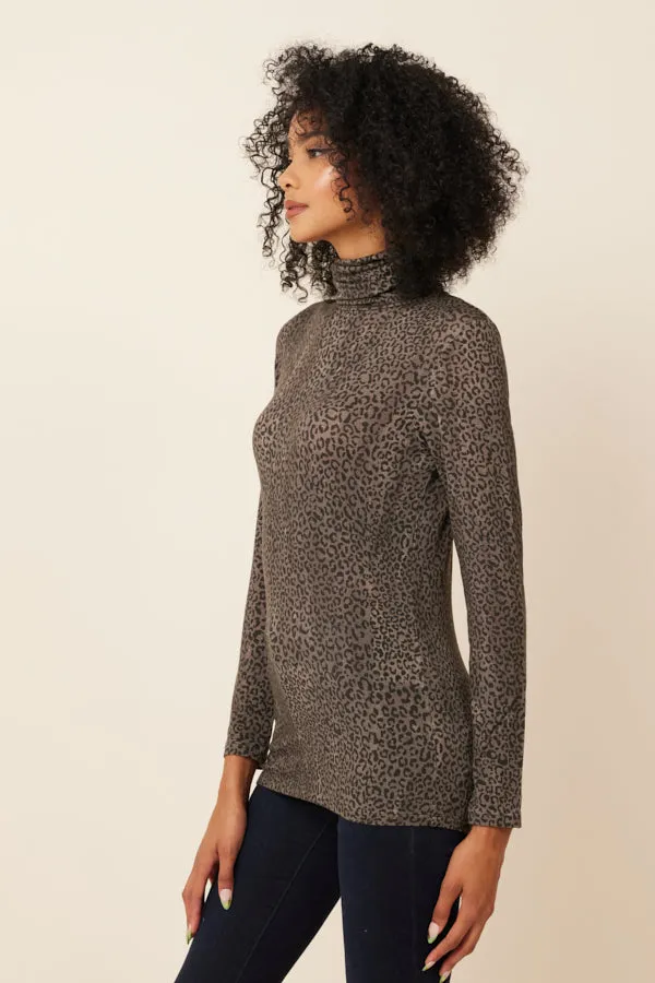 Lyocell Cashmere Stretch Cheetah Long Sleeve Turtleneck in Kaki