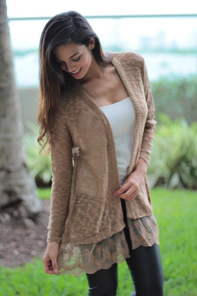 Mocha Cardigan with Lace Trim