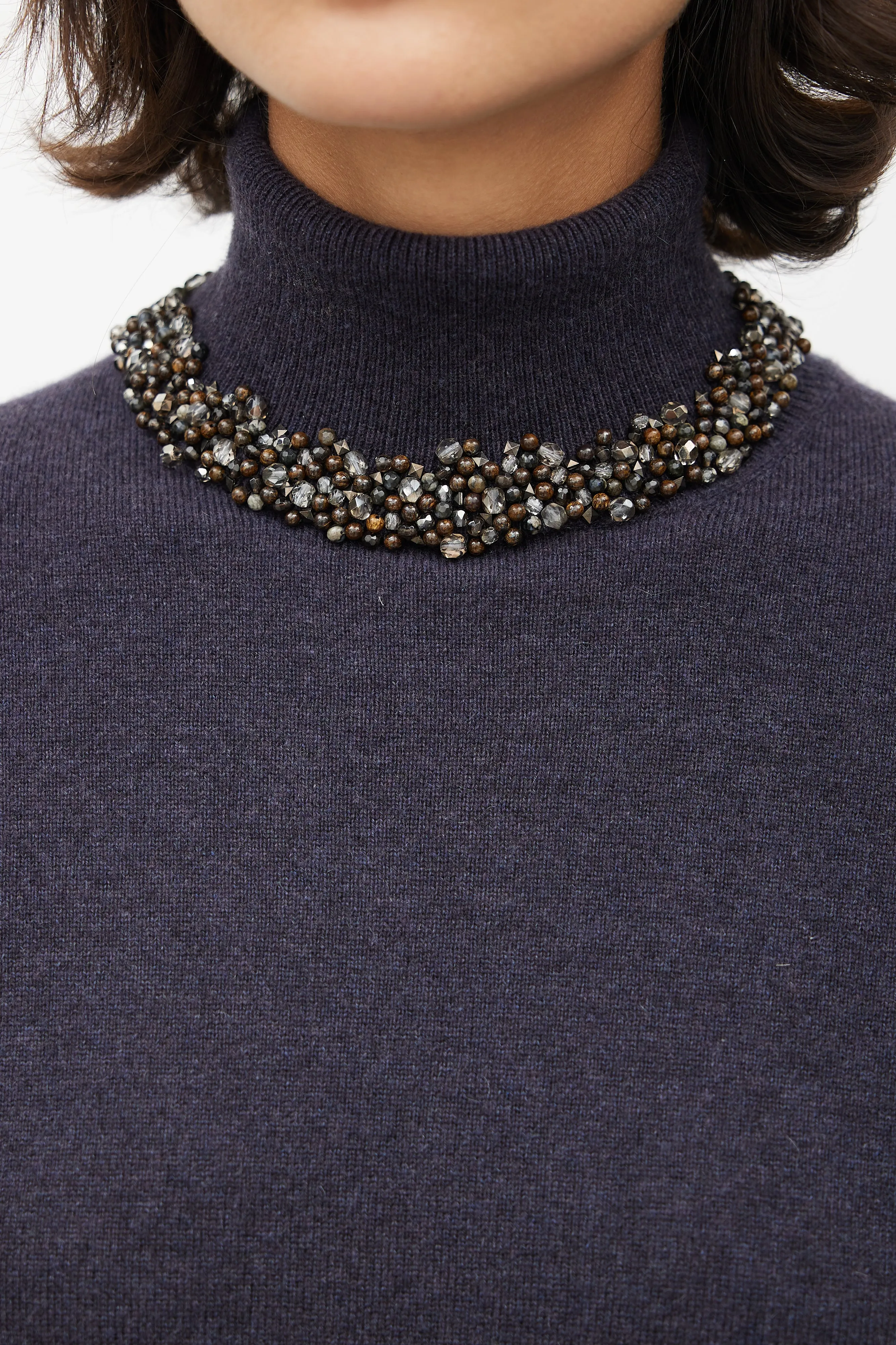 Navy Cashmere Jewel Embellished Turtleneck