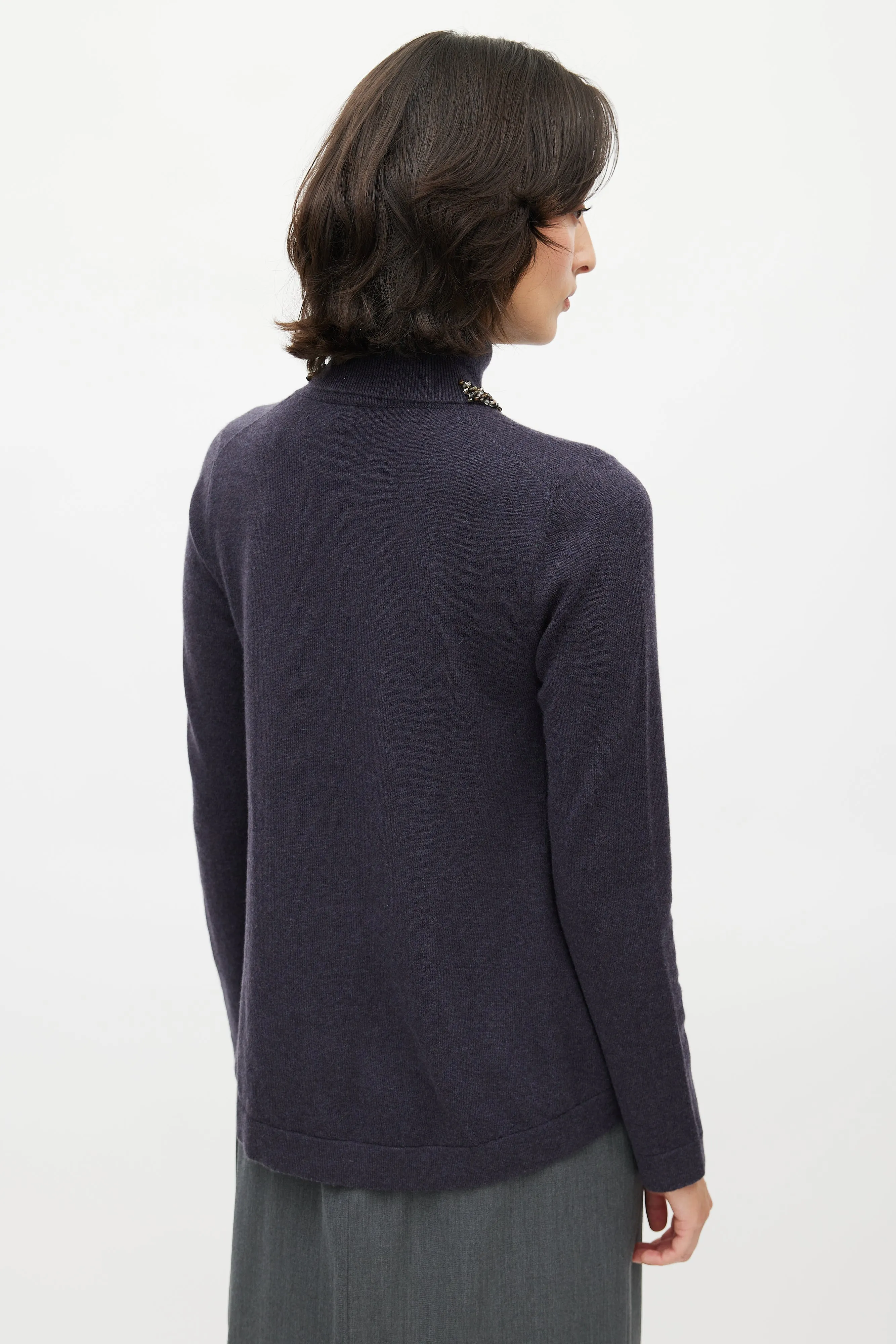 Navy Cashmere Jewel Embellished Turtleneck