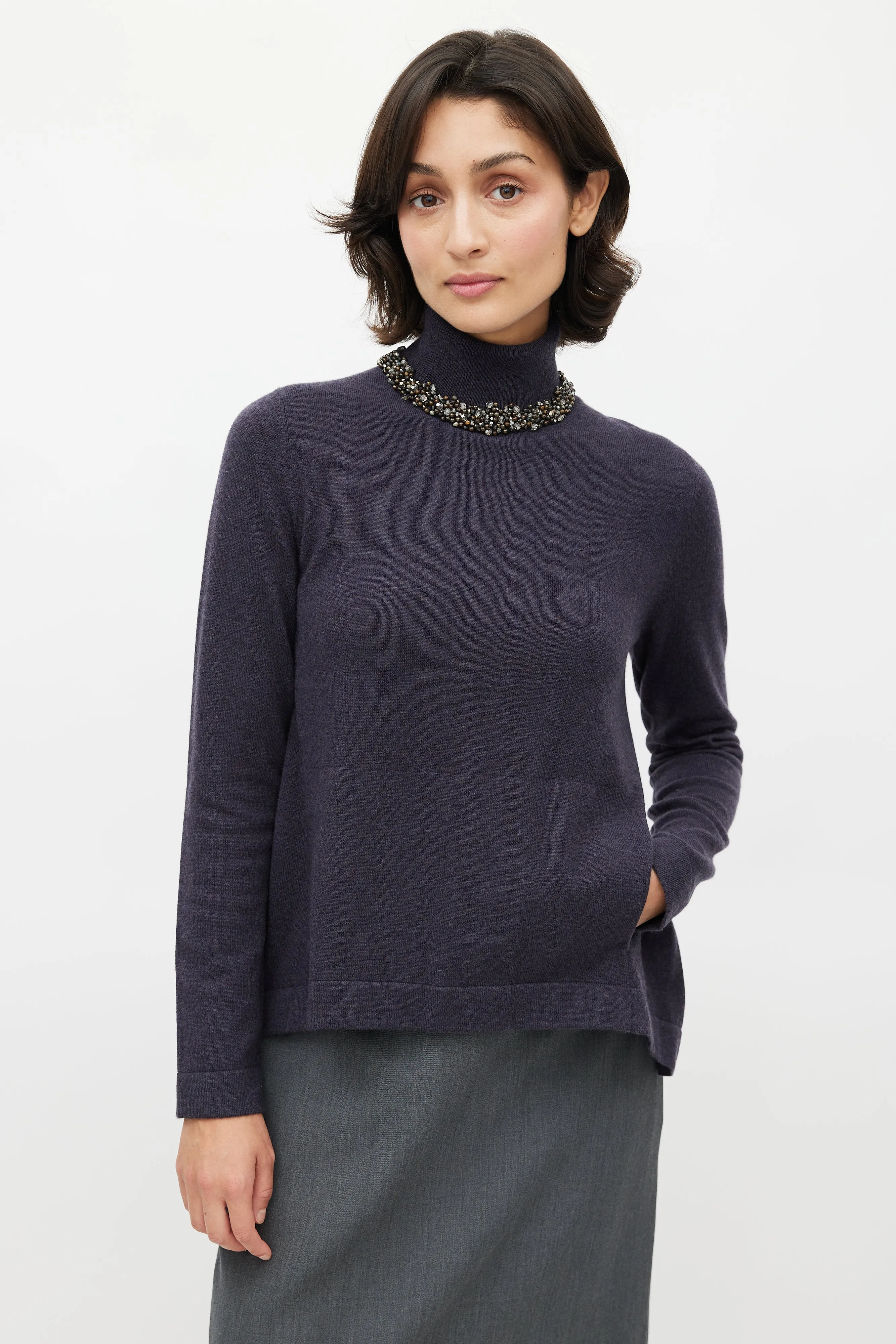 Navy Cashmere Jewel Embellished Turtleneck