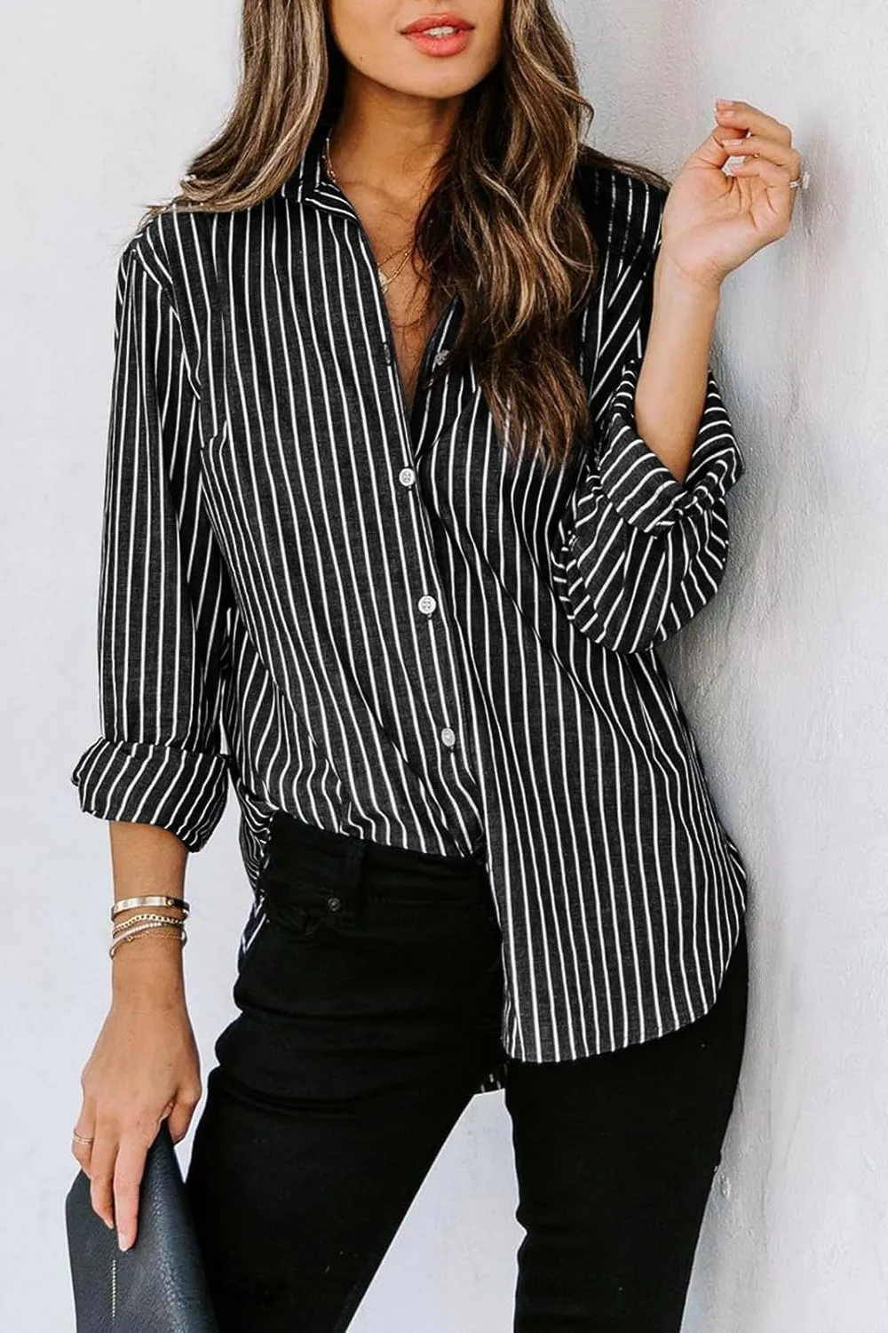 Striped Button Up Long Sleeve Shirt Women's Casual Button Down Pin Stripe Collar Shirt