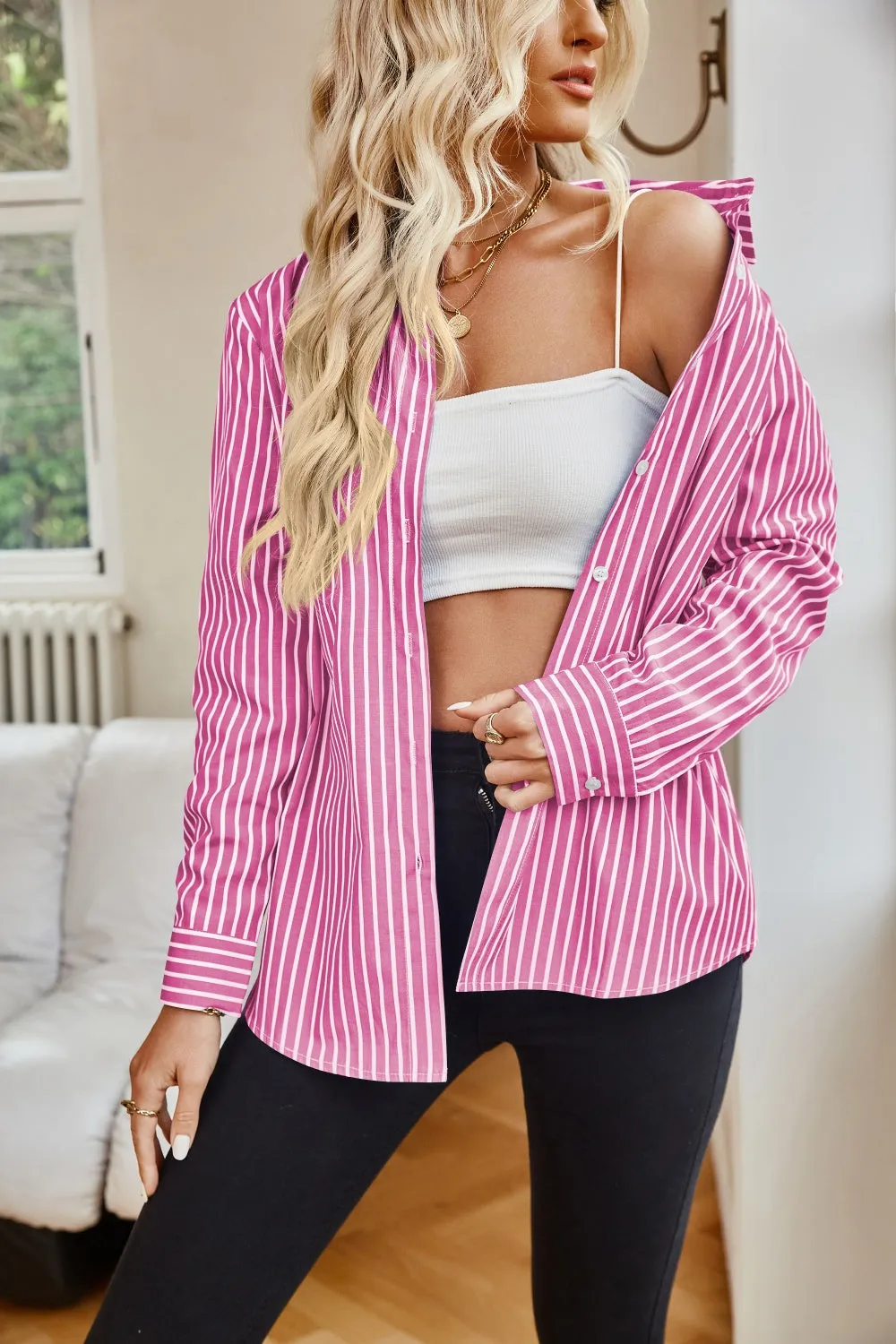 Striped Button Up Long Sleeve Shirt Women's Casual Button Down Pin Stripe Collar Shirt