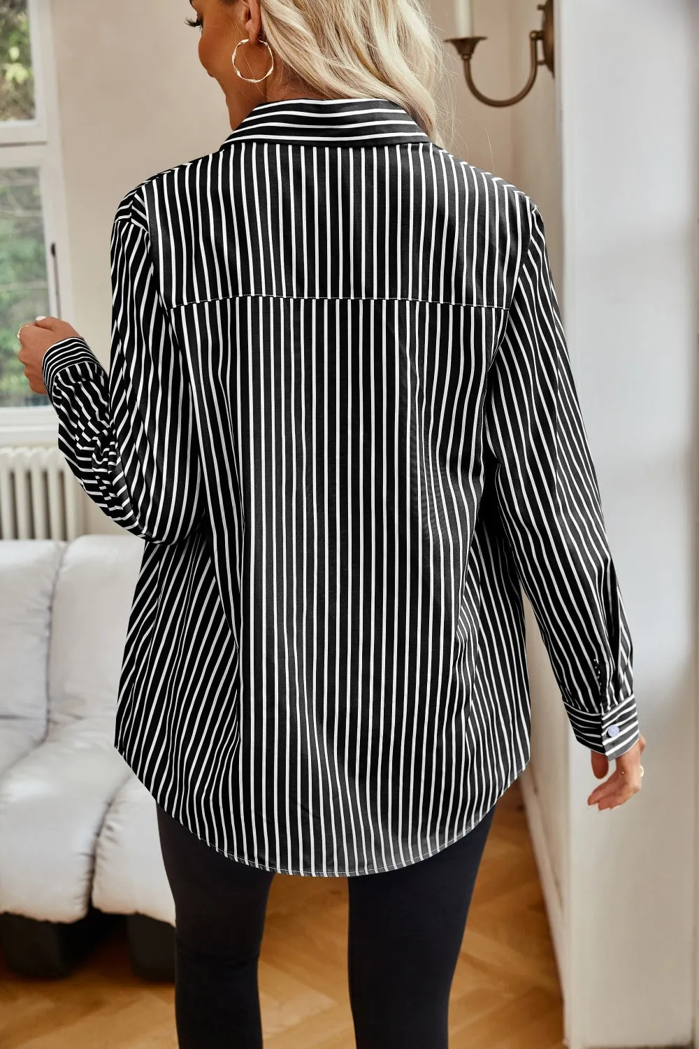 Striped Button Up Long Sleeve Shirt Women's Casual Button Down Pin Stripe Collar Shirt