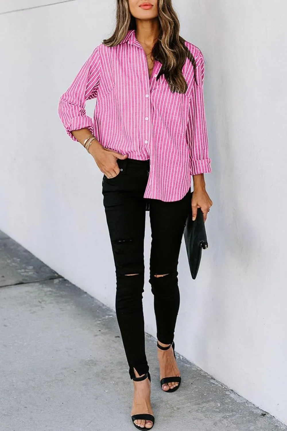 Striped Button Up Long Sleeve Shirt Women's Casual Button Down Pin Stripe Collar Shirt