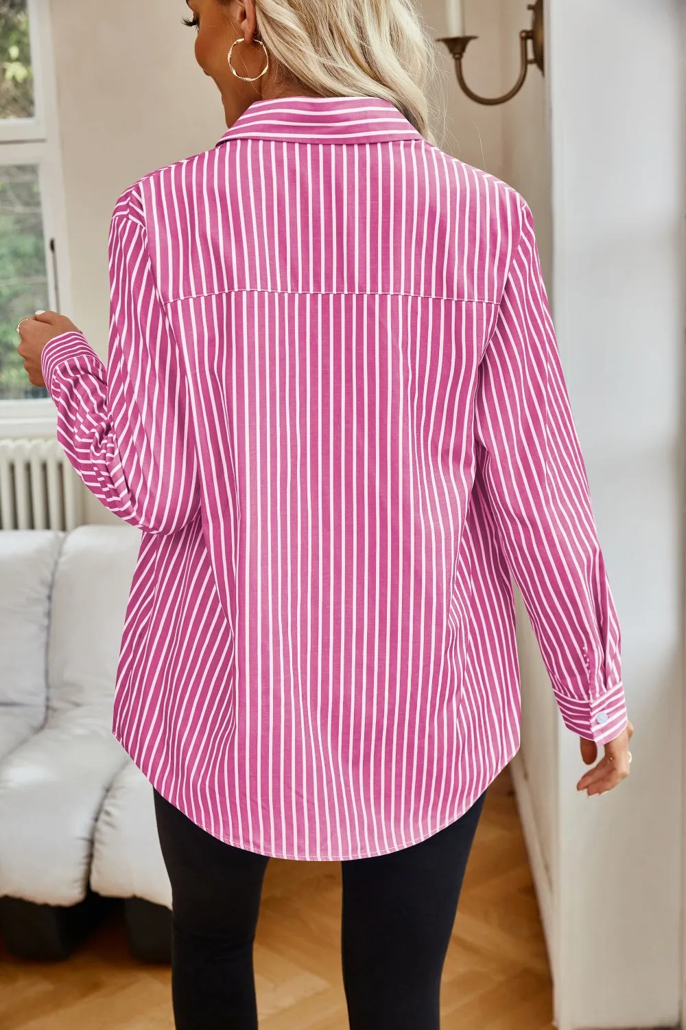 Striped Button Up Long Sleeve Shirt Women's Casual Button Down Pin Stripe Collar Shirt