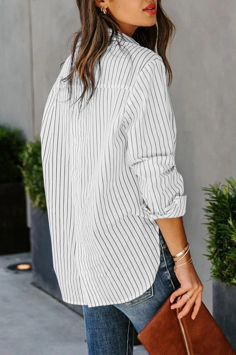 Striped Button Up Long Sleeve Shirt Women's Casual Button Down Pin Stripe Collar Shirt