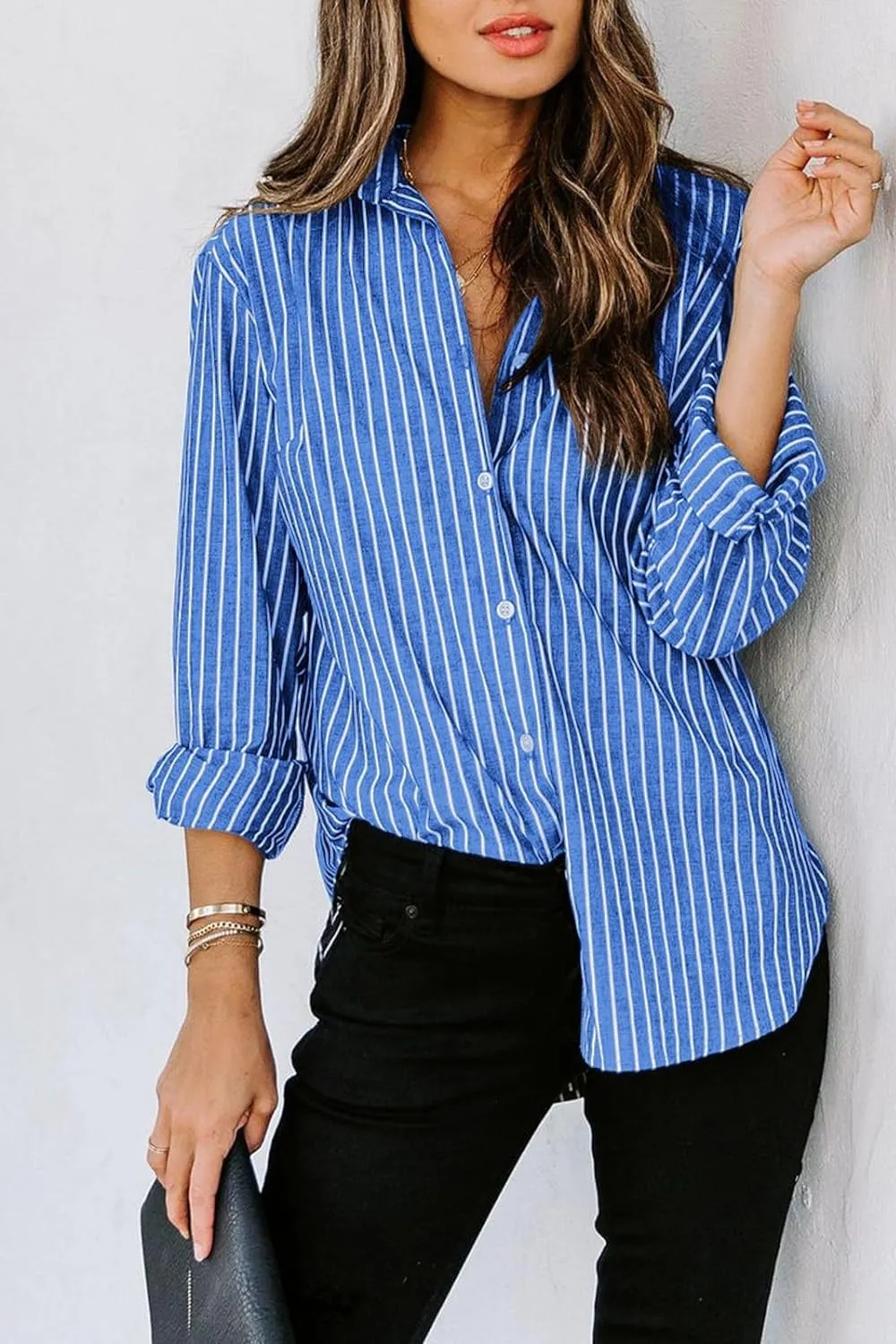 Striped Button Up Long Sleeve Shirt Women's Casual Button Down Pin Stripe Collar Shirt