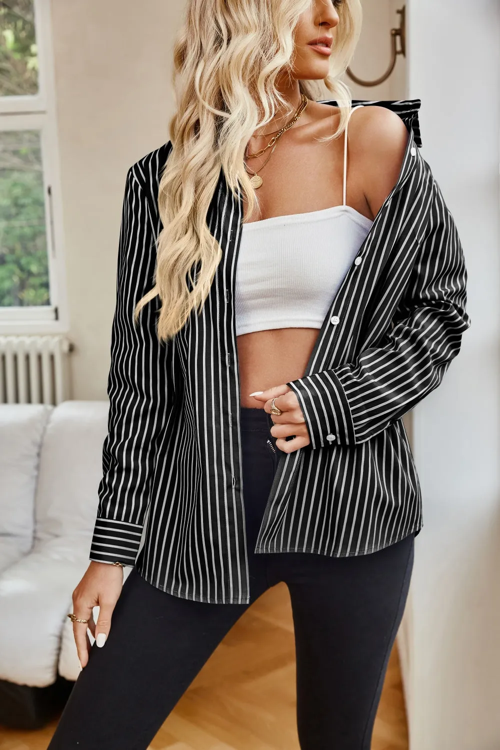 Striped Button Up Long Sleeve Shirt Women's Casual Button Down Pin Stripe Collar Shirt