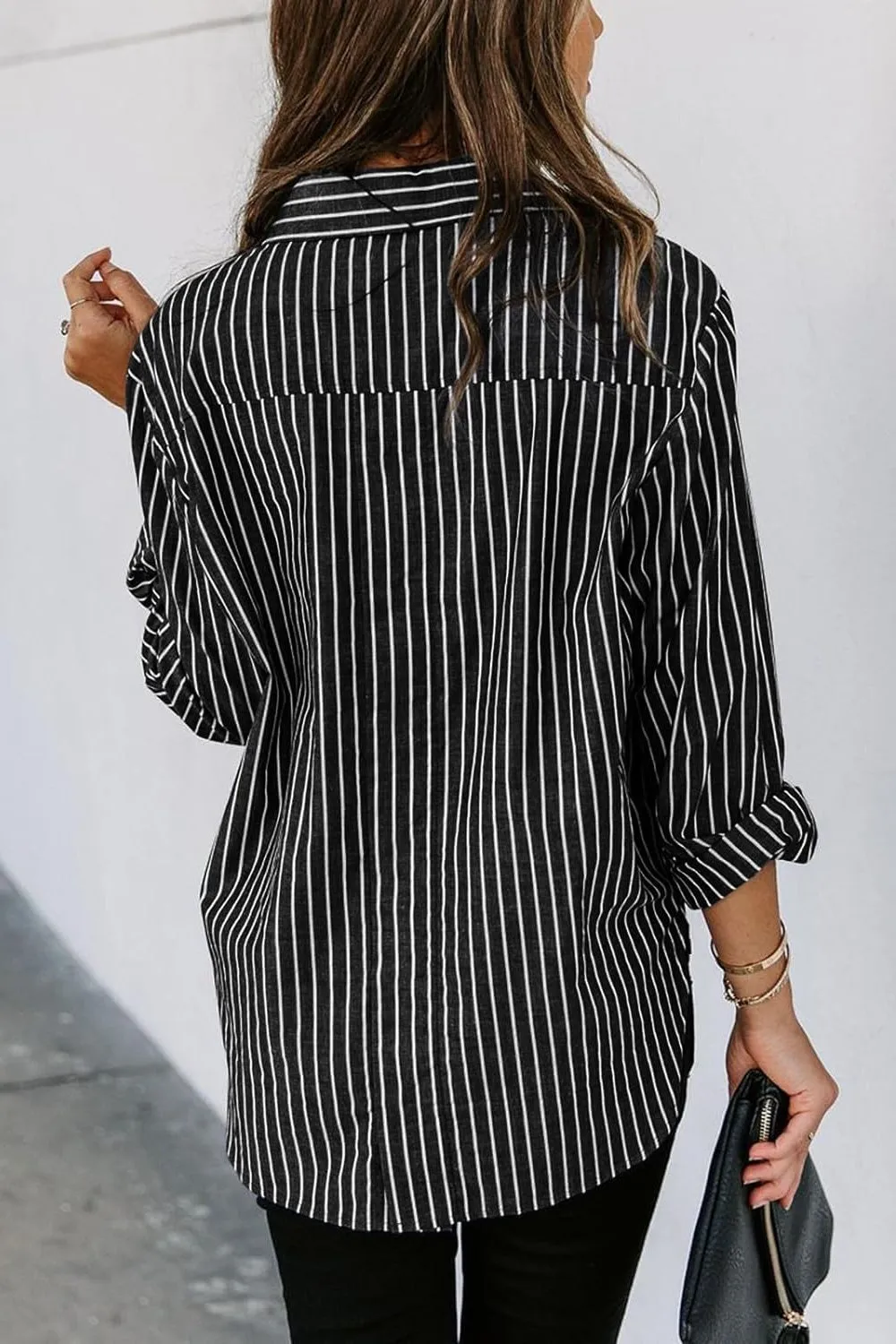 Striped Button Up Long Sleeve Shirt Women's Casual Button Down Pin Stripe Collar Shirt