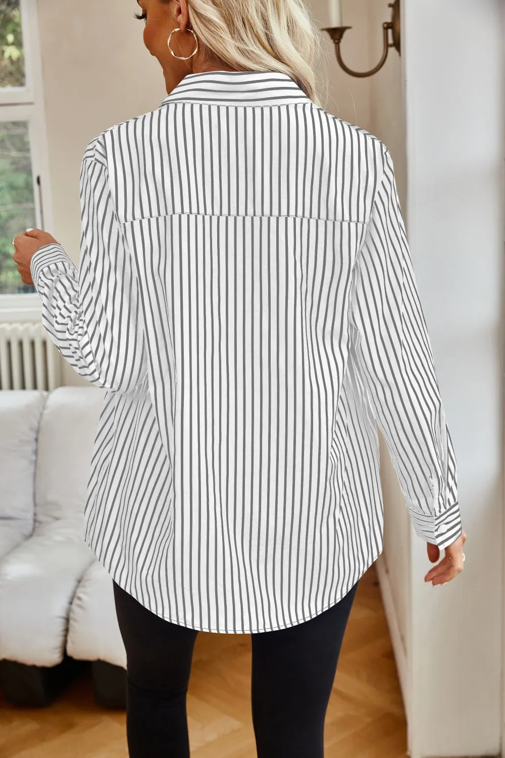 Striped Button Up Long Sleeve Shirt Women's Casual Button Down Pin Stripe Collar Shirt