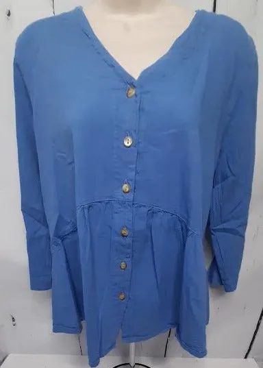 Top-Button Front V-Neck-Long Sleeve-Light Blue-Women's S-1677