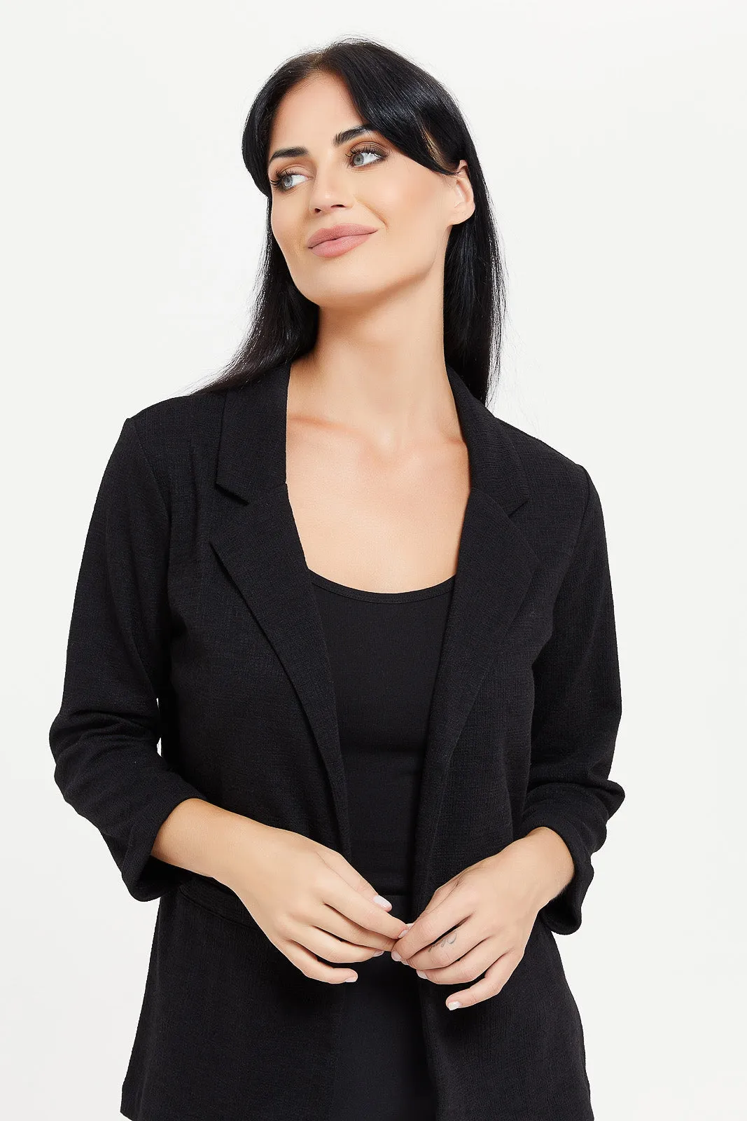 Women Black Textured Long Sleeve Blazer