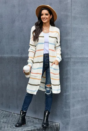 Women's Casual Striped Open Front Cardigans Rainbow Striped Sweater Outwear