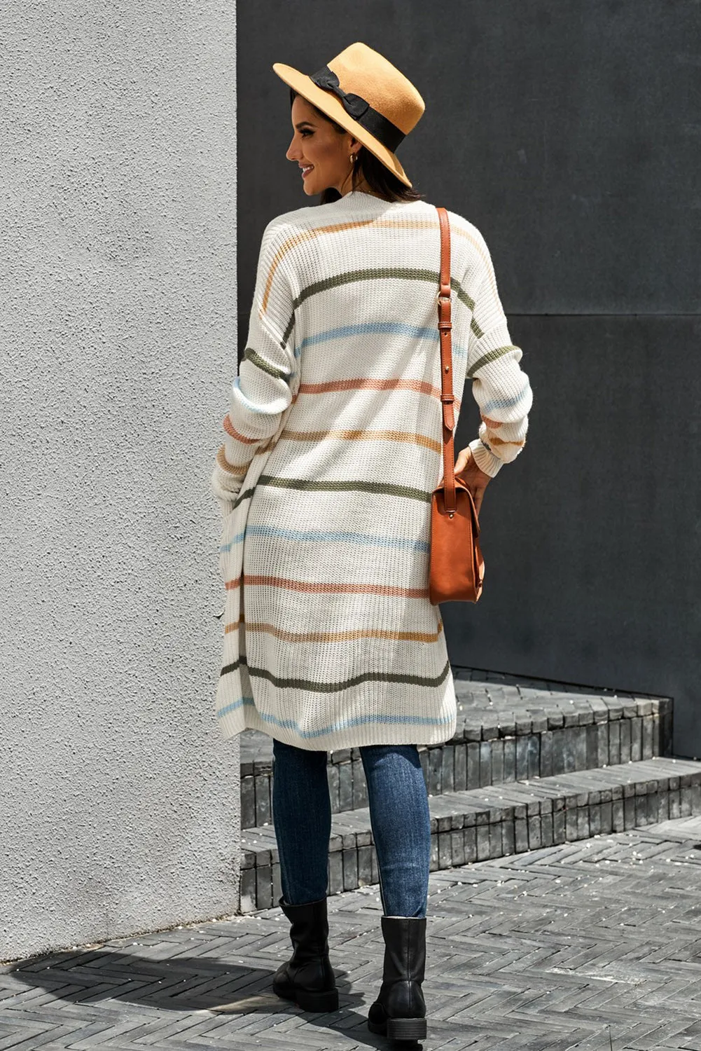 Women's Casual Striped Open Front Cardigans Rainbow Striped Sweater Outwear