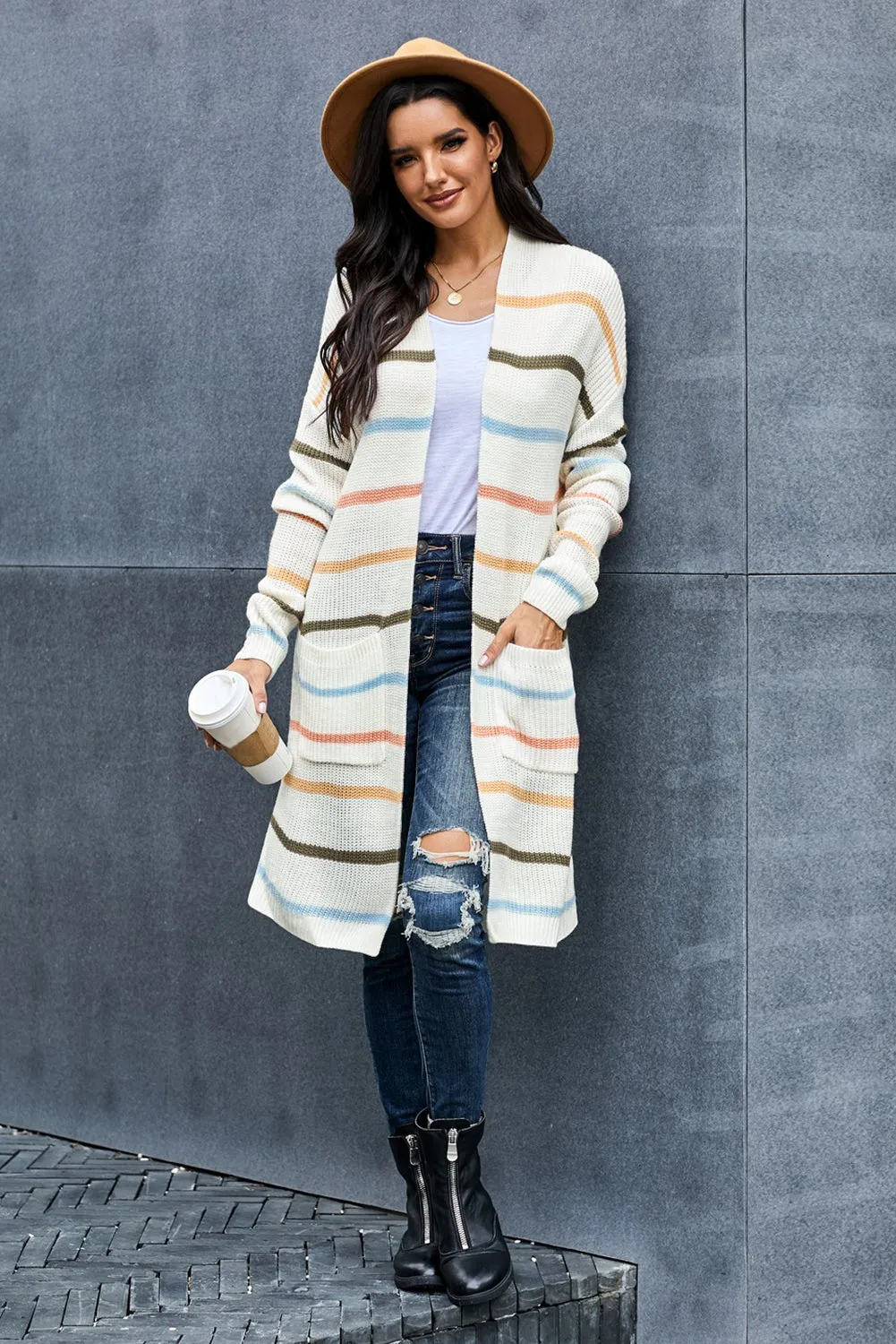 Women's Casual Striped Open Front Cardigans Rainbow Striped Sweater Outwear