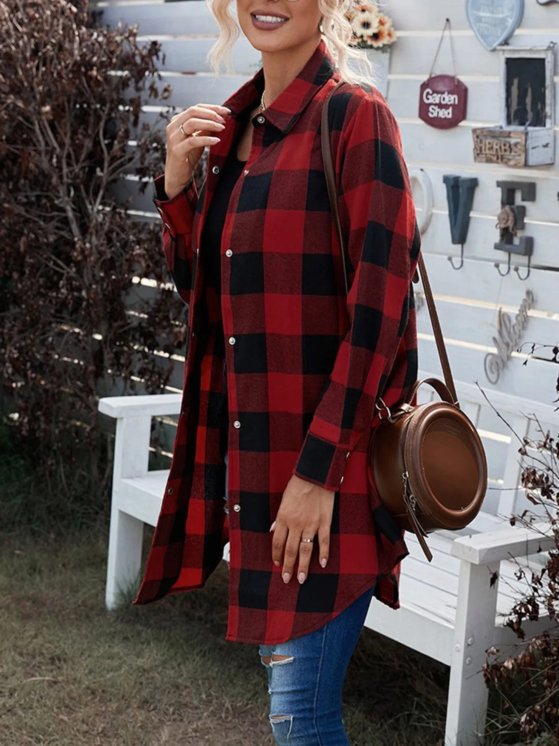 Women's Plaid Snap Down Long Sleeve Jacket