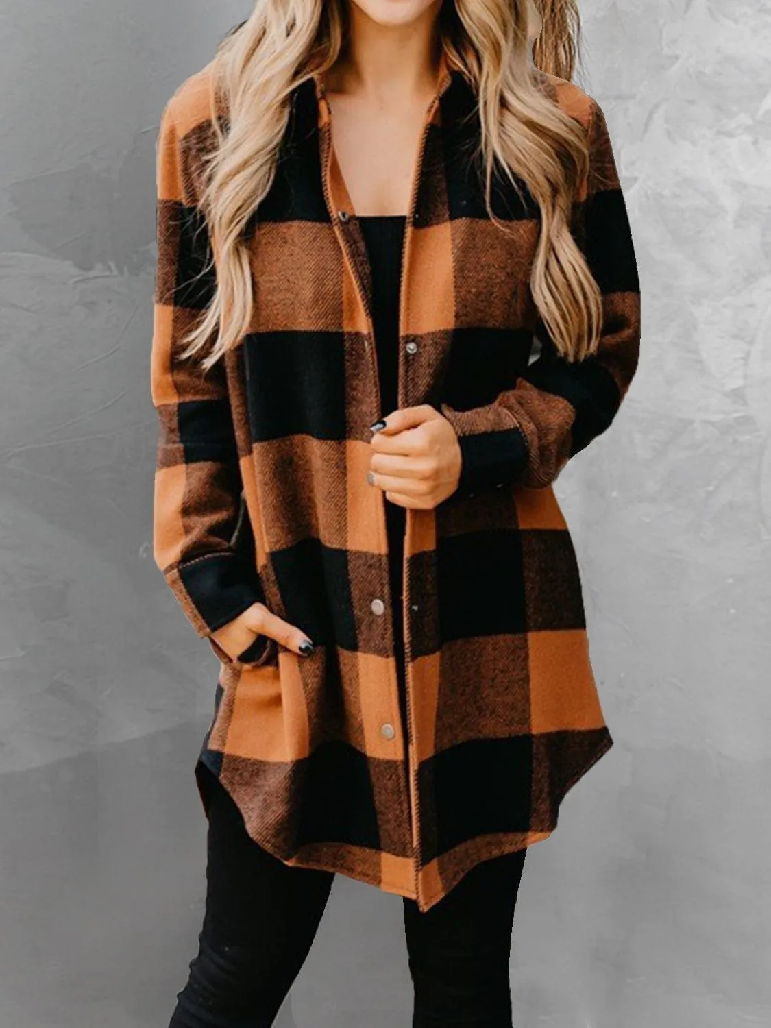 Women's Plaid Snap Down Long Sleeve Jacket