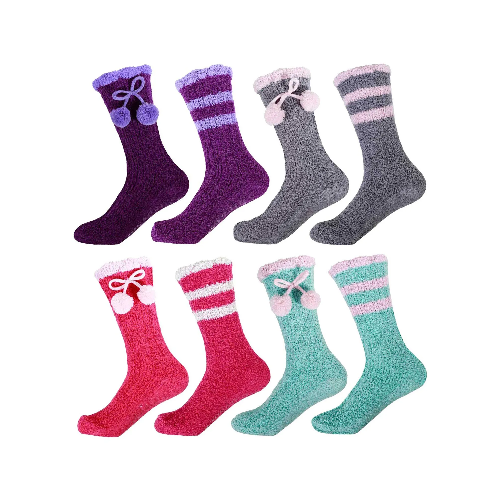 Women's Soft Warm Fuzzy Flush Non-Skid Chenille Crew Socks, 4 Pairs Assortment