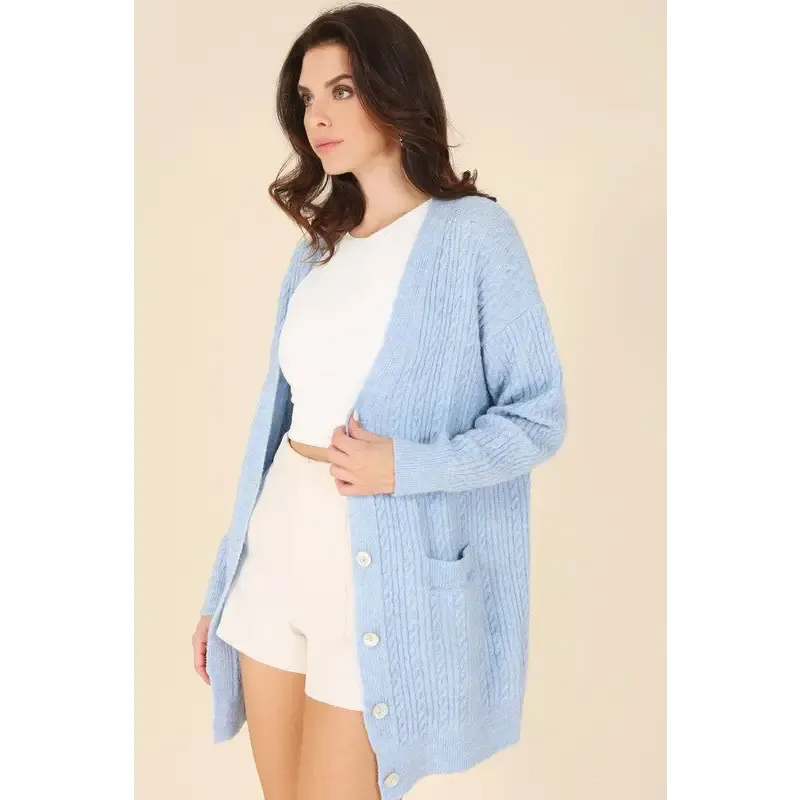 Wool blended cable knitted cardigan